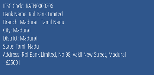 Rbl Bank Limited Madurai Tamil Nadu Branch, Branch Code 000206 & IFSC Code RATN0000206