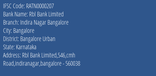Rbl Bank Limited Indira Nagar Bangalore Branch, Branch Code 000207 & IFSC Code RATN0000207