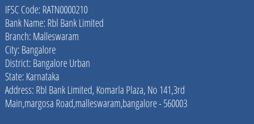 Rbl Bank Limited Malleswaram Branch IFSC Code