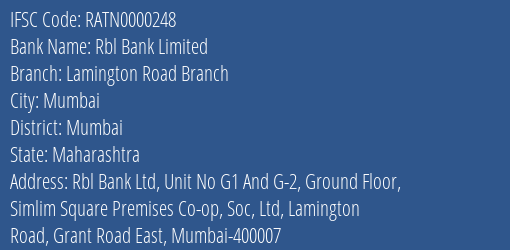 Rbl Bank Limited Lamington Road Branch Branch, Branch Code 000248 & IFSC Code RATN0000248