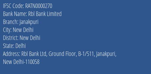 Rbl Bank Limited Janakpuri Branch IFSC Code