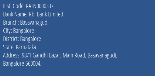 Rbl Bank Limited Basavanagudi Branch IFSC Code