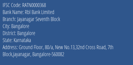 Rbl Bank Limited Jayanagar Seventh Block Branch IFSC Code
