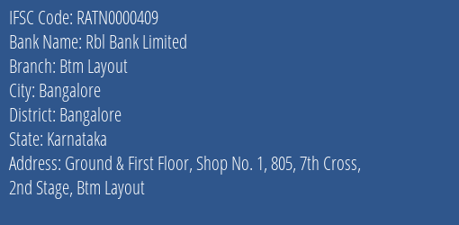 Rbl Bank Limited Btm Layout Branch, Branch Code 000409 & IFSC Code RATN0000409