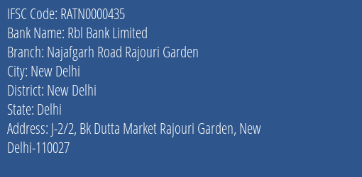 Rbl Bank Limited Najafgarh Road Rajouri Garden Branch IFSC Code