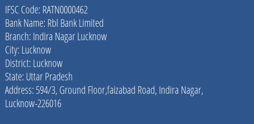 Rbl Bank Indira Nagar Lucknow Branch Lucknow IFSC Code RATN0000462