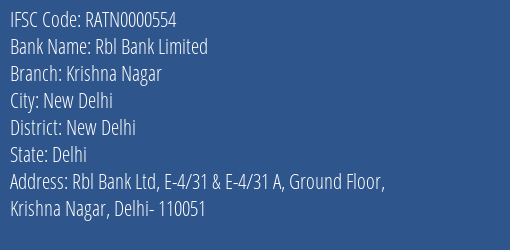 Rbl Bank Limited Krishna Nagar Branch IFSC Code