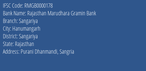 Rajasthan Marudhara Gramin Bank Sangariya Branch Sangariya IFSC Code RMGB0000178