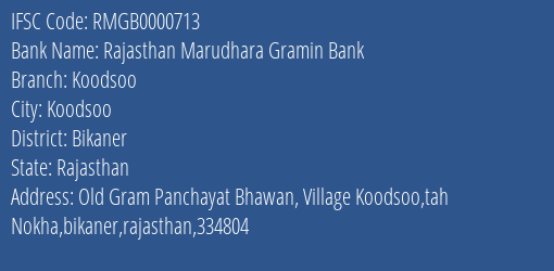 Rajasthan Marudhara Gramin Bank Koodsoo Branch, Branch Code 000713 & IFSC Code Rmgb0000713