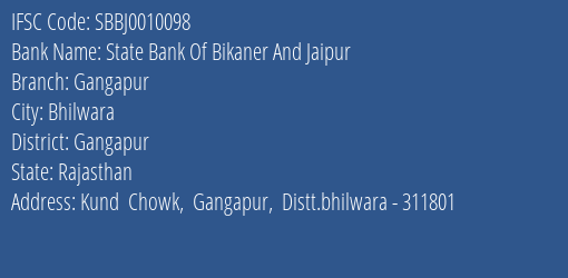State Bank Of Bikaner And Jaipur Gangapur Branch Gangapur IFSC Code SBBJ0010098