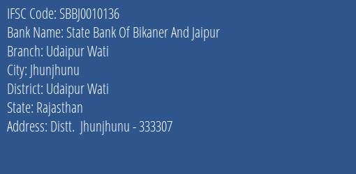 State Bank Of Bikaner And Jaipur Udaipur Wati Branch IFSC Code