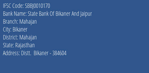State Bank Of Bikaner And Jaipur Mahajan Branch Mahajan IFSC Code SBBJ0010170