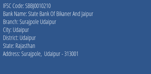 State Bank Of Bikaner And Jaipur Surajpole Udaipur Branch, Branch Code 010210 & IFSC Code SBBJ0010210