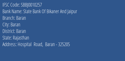State Bank Of Bikaner And Jaipur Baran Branch, Branch Code 010257 & IFSC Code SBBJ0010257