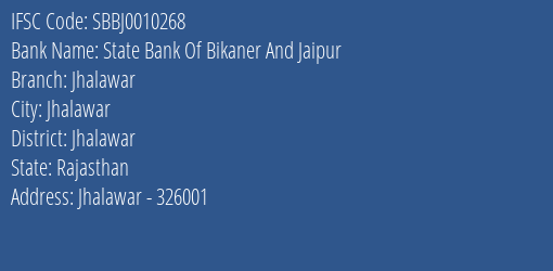 State Bank Of Bikaner And Jaipur Jhalawar Branch, Branch Code 010268 & IFSC Code SBBJ0010268