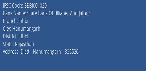 State Bank Of Bikaner And Jaipur Tibbi Branch, Branch Code 010301 & IFSC Code SBBJ0010301