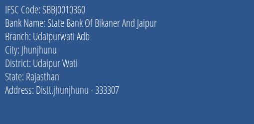 State Bank Of Bikaner And Jaipur Udaipurwati Adb Branch, Branch Code 010360 & IFSC Code SBBJ0010360
