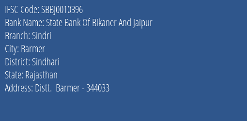 State Bank Of Bikaner And Jaipur Sindri Branch Sindhari IFSC Code SBBJ0010396