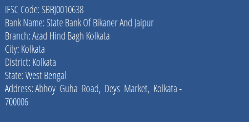 State Bank Of Bikaner And Jaipur Azad Hind Bagh Kolkata Branch IFSC Code