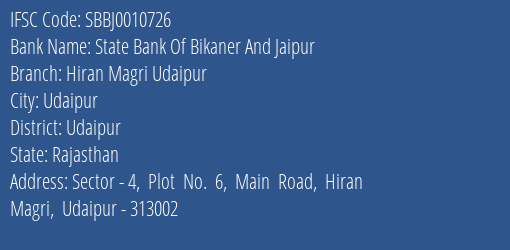 State Bank Of Bikaner And Jaipur Hiran Magri Udaipur Branch IFSC Code
