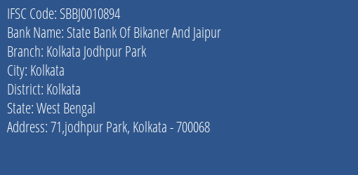 State Bank Of Bikaner And Jaipur Kolkata Jodhpur Park Branch IFSC Code