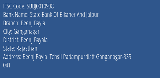 State Bank Of Bikaner And Jaipur Beenj Bayla Branch Beenj Bayala IFSC Code SBBJ0010938