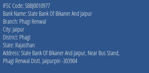 State Bank Of Bikaner And Jaipur Phagi Renwal Branch Phagi IFSC Code SBBJ0010977