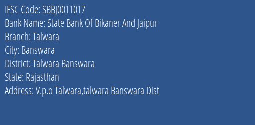 State Bank Of Bikaner And Jaipur Talwara Branch IFSC Code