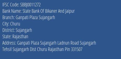 State Bank Of Bikaner And Jaipur Ganpati Plaza Sujangarh Branch Sujangarh IFSC Code SBBJ0011272