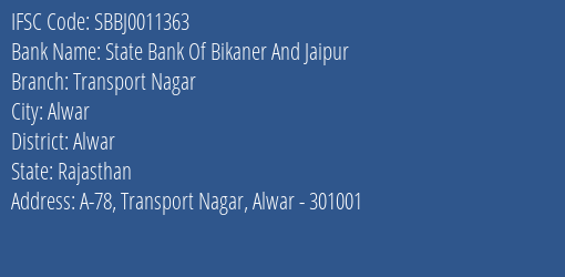 State Bank Of Bikaner And Jaipur Transport Nagar Branch IFSC Code