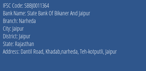 State Bank Of Bikaner And Jaipur Narheda Branch Jaipur IFSC Code SBBJ0011364