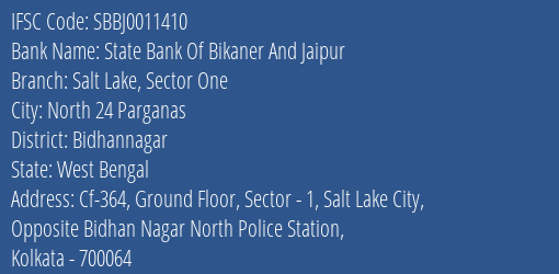 State Bank Of Bikaner And Jaipur Salt Lake Sector One Branch, Branch Code 011410 & IFSC Code SBBJ0011410