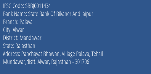 State Bank Of Bikaner And Jaipur Palava Branch Mandawar IFSC Code SBBJ0011434