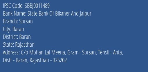 State Bank Of Bikaner And Jaipur Sorsan Branch, Branch Code 011489 & IFSC Code SBBJ0011489