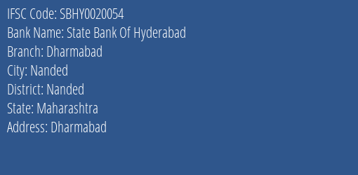 State Bank Of Hyderabad Dharmabad Branch, Branch Code 020054 & IFSC Code SBHY0020054