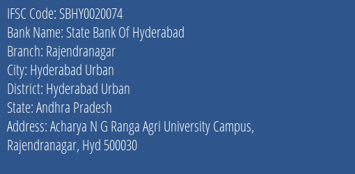 State Bank Of Hyderabad Rajendranagar, Hyderabad Urban IFSC Code SBHY0020074