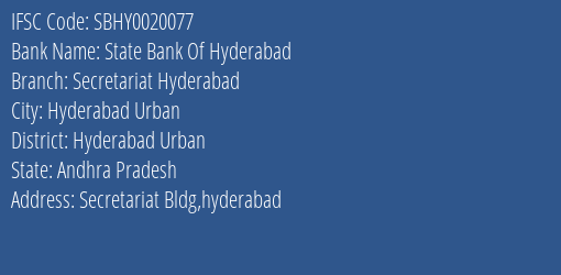 State Bank Of Hyderabad Secretariat Hyderabad Branch IFSC Code