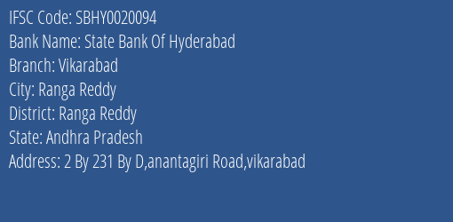 State Bank Of Hyderabad Vikarabad Branch Ranga Reddy IFSC Code SBHY0020094