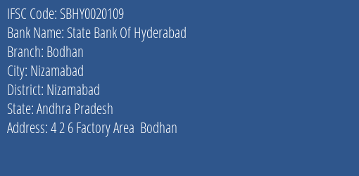 State Bank Of Hyderabad Bodhan Branch, Branch Code 020109 & IFSC Code SBHY0020109