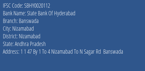 State Bank Of Hyderabad Banswada Branch Nizamabad IFSC Code SBHY0020112