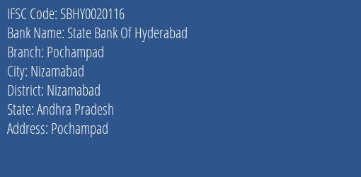 State Bank Of Hyderabad Pochampad Branch IFSC Code