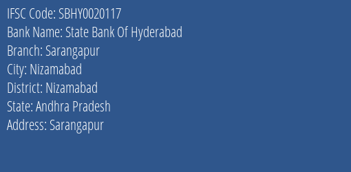State Bank Of Hyderabad Sarangapur Branch, Branch Code 020117 & IFSC Code SBHY0020117