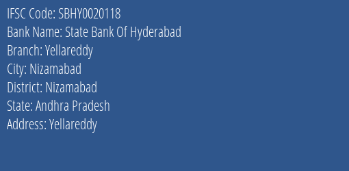 State Bank Of Hyderabad Yellareddy Branch, Branch Code 020118 & IFSC Code SBHY0020118