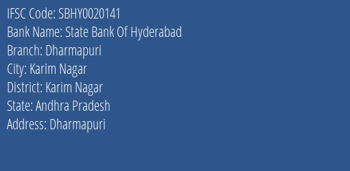 State Bank Of Hyderabad Dharmapuri Branch Karim Nagar IFSC Code SBHY0020141
