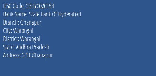 State Bank Of Hyderabad Ghanapur Branch Warangal IFSC Code SBHY0020154