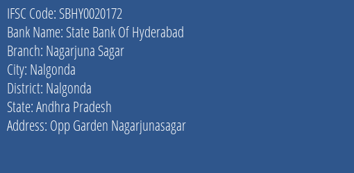 State Bank Of Hyderabad Nagarjuna Sagar Branch, Branch Code 020172 & IFSC Code SBHY0020172