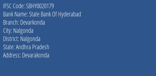 State Bank Of Hyderabad Devarkonda Branch Nalgonda IFSC Code SBHY0020179