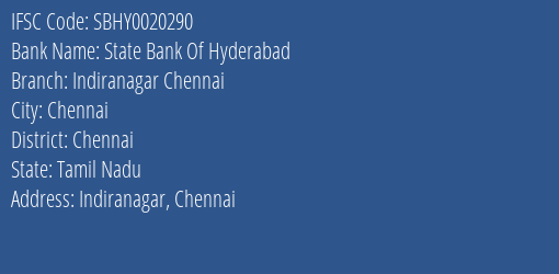 State Bank Of Hyderabad Indiranagar Chennai Branch IFSC Code