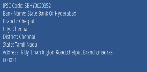 State Bank Of Hyderabad Chetput Branch IFSC Code