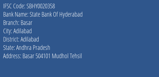 State Bank Of Hyderabad Basar Branch IFSC Code